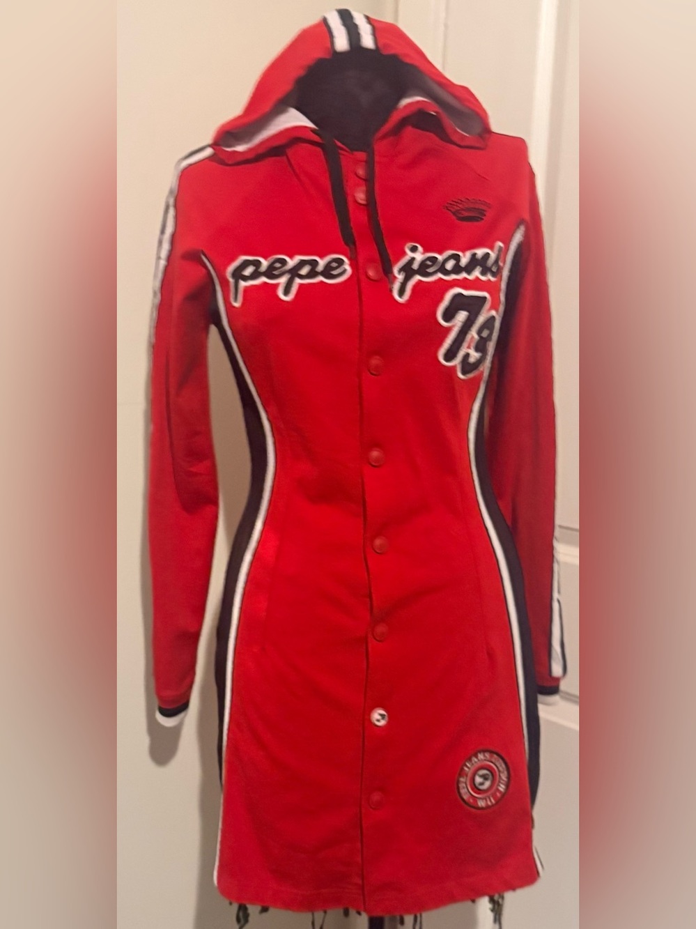 Vintage Pepe Jeans Red Hooded Longline Varsity Jacket with Size 11/12